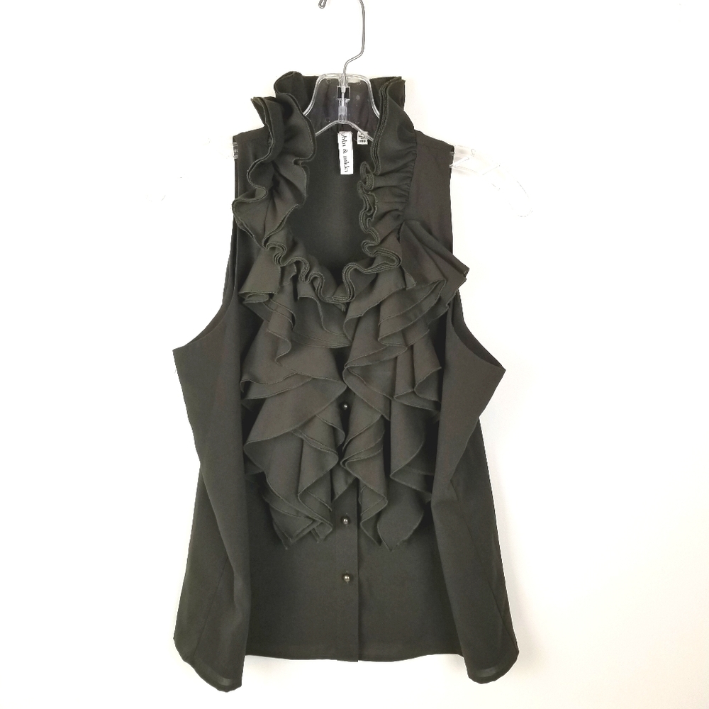 Robbi and Nikki olive green sleeveless blouse with ruffle front M